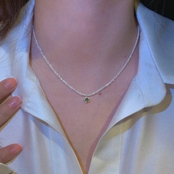 🍏50% OFF/3+...Silver Plated Necklace with Green Crystal Pendant - Picture 3 of 16